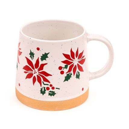 Red Poinsettia Stoneware Mug 9 CM &Boxed Decorated Sticth Pattern Gift Festive