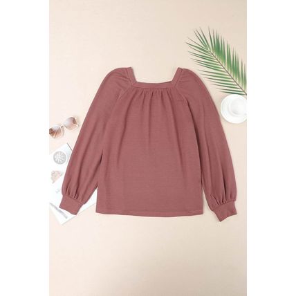 Square Neck Puff Sleeve Waffle Knit Top