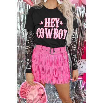 Black HEY COWBOY Letters Crew Neck T-shirt
