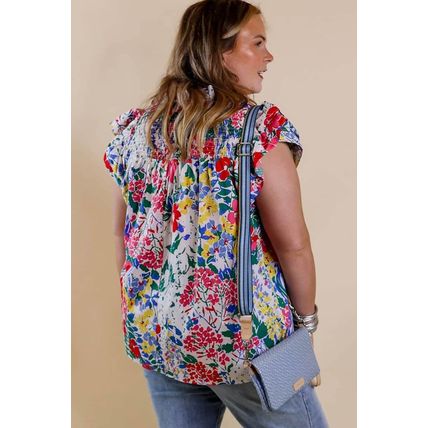 Red Plus Floral Print Ruffle Cap Sleeve V Neck Blouse