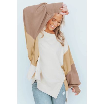 Khaki Color Block Sleeve Patchwork Oversized Sweatshirt