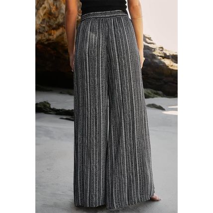 Black Printed Striped Printed Slit Wide Leg High Waist Pants