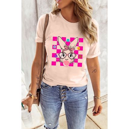 Pink Easter Rabbit Checkered Flower Print O-neck T Shirt