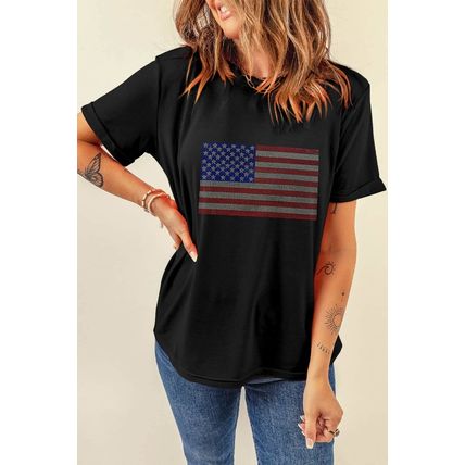Black Rhinestone American Flag Round Neck Casual Tee
