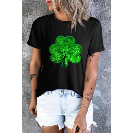 Black Sequin Clover Embroidered Round Neck Graphic Tee