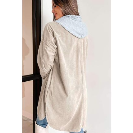 Beige Oversized Corduroy Contrast Hooded Shacket