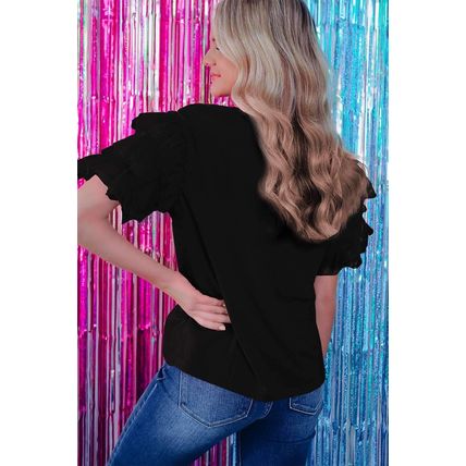 Black Tulle Ruffle Sleeve Blouse
