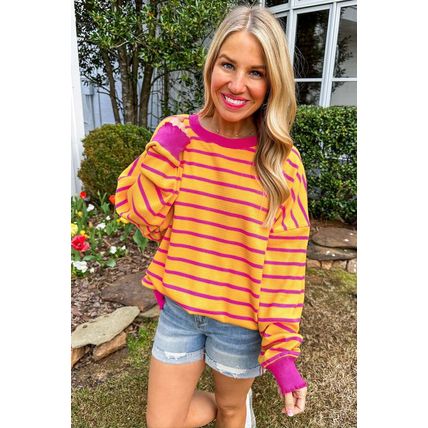 Orange Stripe Trimmed Round Neck Drop Shoulder Loose Sweater
