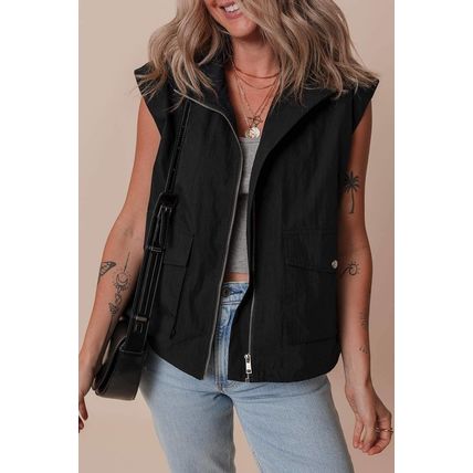 Black Flap Pockets Zip Up High Neck Vest
