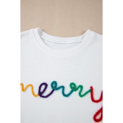 White MERRY Graphic Pullover Sweatshirt