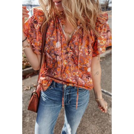 Orange Floral Print Ruffled Flutter Sleeve Frilled V Neck Blouse