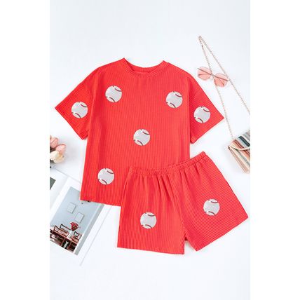 Orange Baseball Patched Twisted Rib T Shirt and Shorts Set