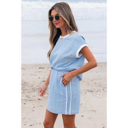 Beau Blue Contrast Trim Textured Crewneck Tee and Pocketed Skirt Set