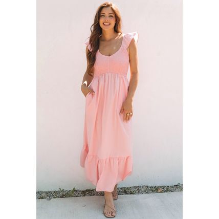 Pink V Neck Flutter Sleeve Smocked Bodice High Waist Ruffle Maxi Dress