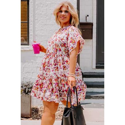 White Abstract Print V Neck Short Sleeve Ruffled Plus Size Mini Dress
