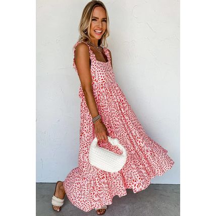 Pink Geometric Print Knot Back Sleeveless Ruffle Hem Dress