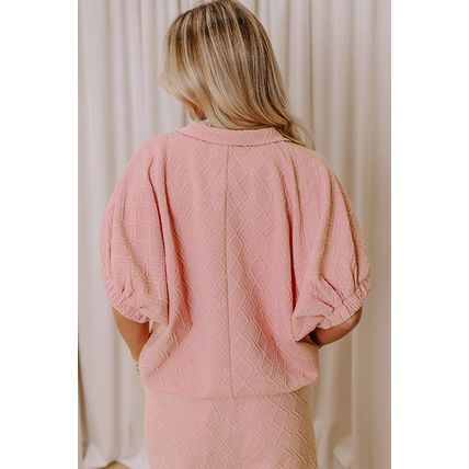 Light Pink Striped Collared Zip up Textured Skirt Set