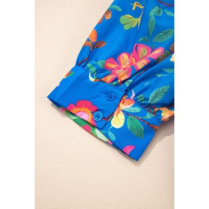 Blue Floral Short Puff Sleeve Button Up Shirt