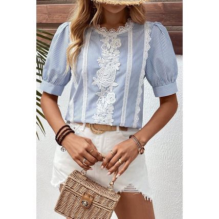 Sky Blue Stripe Floral Lace Splicing Puff Sleeve Blouse