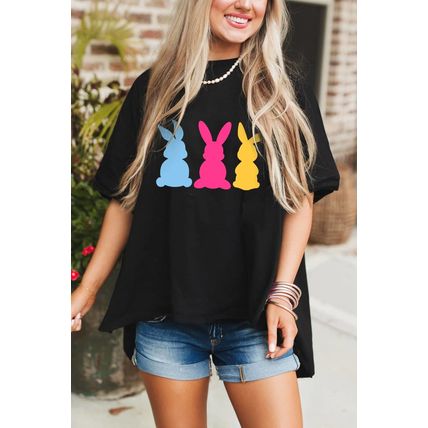 Black Bunny Graphic Drop Shoulder Hi Low Casual Tee