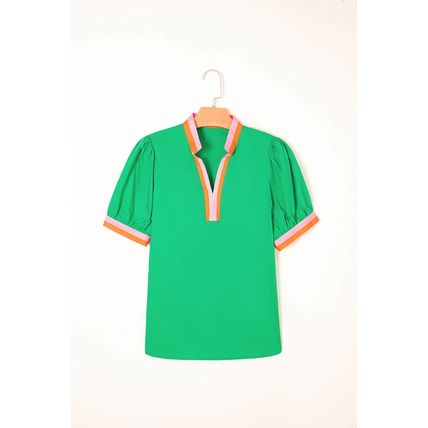 Bright Green Contrast Striped V Neck Collision Short Puff Sleeve Blouse