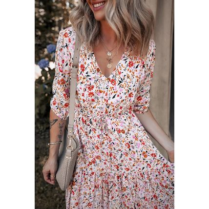 Red Boho Half Sleeve Floral V Neck Maxi Dress