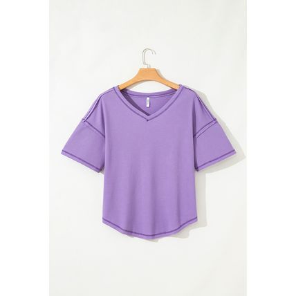 Purple Exposed Seam Half Sleeve Knitted V Neck Textured Top
