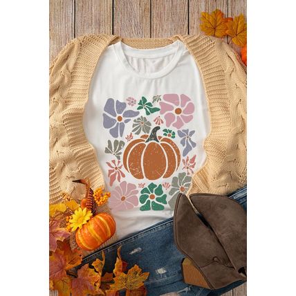 White Flower Pumpkin Distressed Graphic T Shirt
