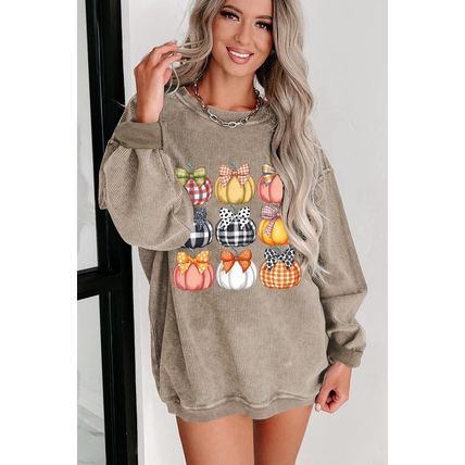 Khaki Trendy Textured Bow Pumpkin Graphic Baggy Sweatshirt