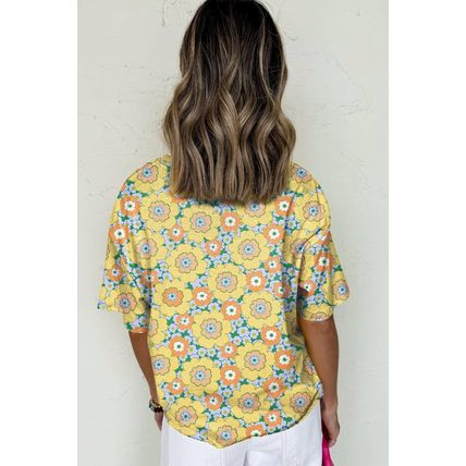 Yellow Summer Flower Printed Drop Shoulder Loose T Shirt