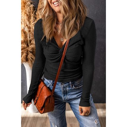 Black Textured Twist Front V Neck Long Sleeve Slim Solid Color Top