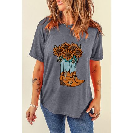 Gray Sunflower Cowgirl Boots Print Western Fashion T Shirt
