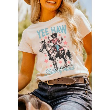 White YEE HAW State of mind Cowgirl Graphic Western Fashion Tee
