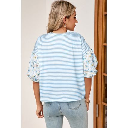 Sky Blue Stripe Floral Three Quarter Sleeves Patchwork Drop Shoulder Top