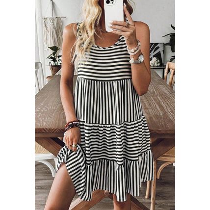 Black Stripe U Neck Sleeveless Loose Fit Mini Dress