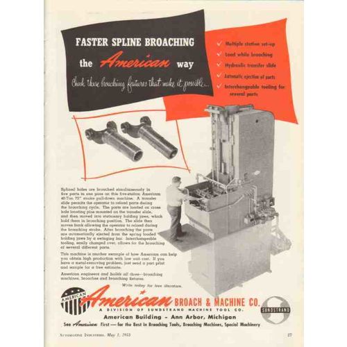 american broach machine company 1953 fast spline broaching vintage ad