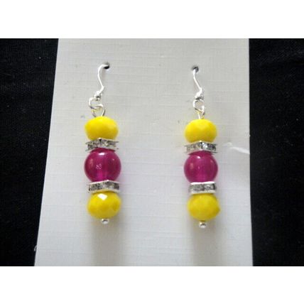 Unusual vibrant magenta & yellow glass earrings adult 925 silver ear hook