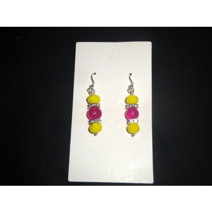 Unusual vibrant magenta & yellow glass earrings adult 925 silver ear hook