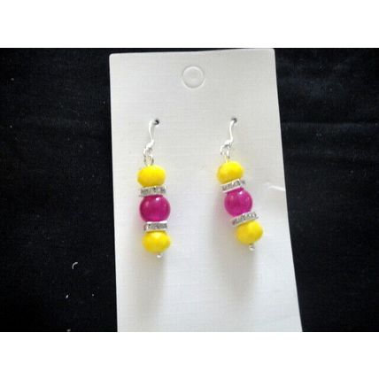 Unusual vibrant magenta & yellow glass earrings adult 925 silver ear hook