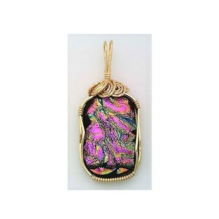 Pink Green Dichroic Glass Gold filled Wire Wrap Pendant 7