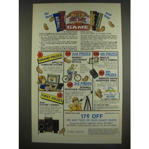 1985 PayDay Chocolaty Payday, Butternut, Milkshake and Zero Candy Bars Ad