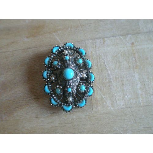 Vintage Turquoise & Seed Pearl Filigree Brooch