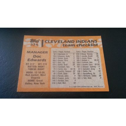 1988 Topps Card # 374 Doc Edwards Excellent (5) Cleveland Indians