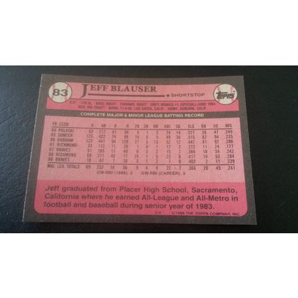 1989 Topps Card # 083 Jeff Blauser Excellent (5) Atlanta Braves