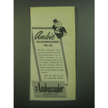 1946 The Ambassador Hotel Atlantic City Ad - Ambie has an announcement for you