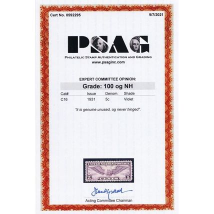 C16, Mint NH Superb GEM 5¢ With PSAG Graded 100 Certificate .. Stuart Katz