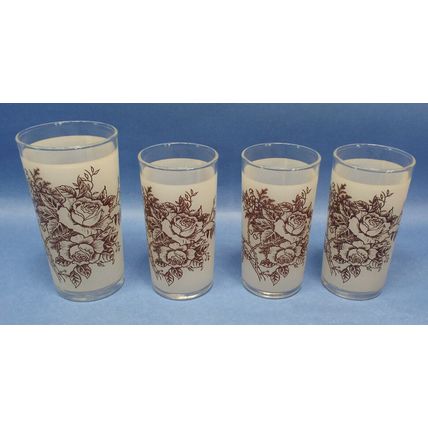 4 Vintage Swanky Swig Frosted Brown Roses Drinking Glasses 3 Juice 1 Water