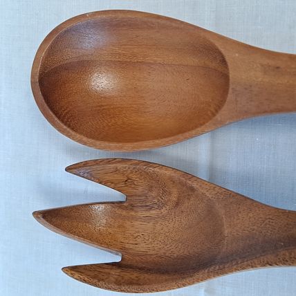 Wood SALAD SPOON & FORK Set Wooden Utensils Tong Server