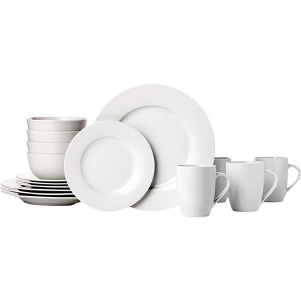 Amazon Basics 16-Piece Porcelain Kitchen Dinnerware Set with Plates, Bowls and M