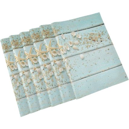 Summer Seashell Starfish Placemats Set of 6 Teal Wooden Table Mats 12X18 Inches